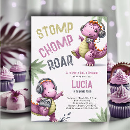 Convite Dança de Dinossauro Rosa Estomp Chomp Roar Girl An