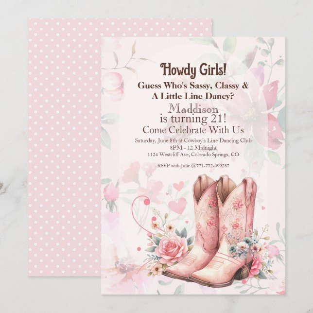 Convite Dança de Linha de Aniversário de Cowgirl (Frente/Verso)