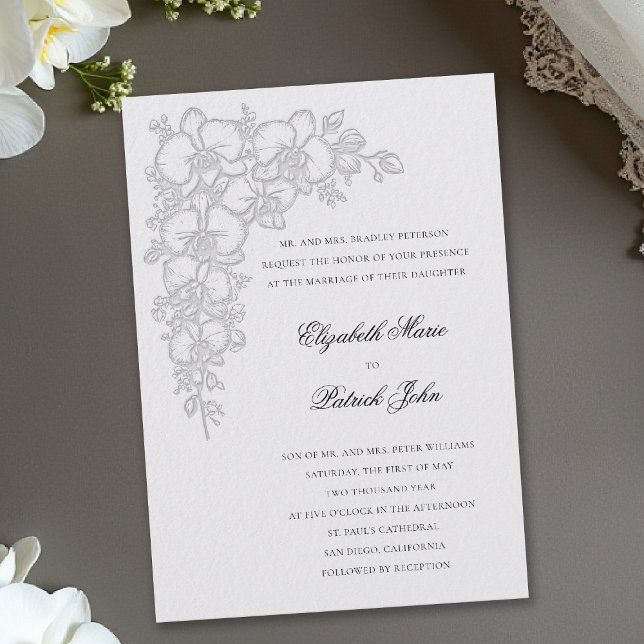 Convite Dança de Orquídea Formal Tradicional Casamento Mar (orchid wedding invitation ivory formal dance modern classic traditional black tie parents hosting)