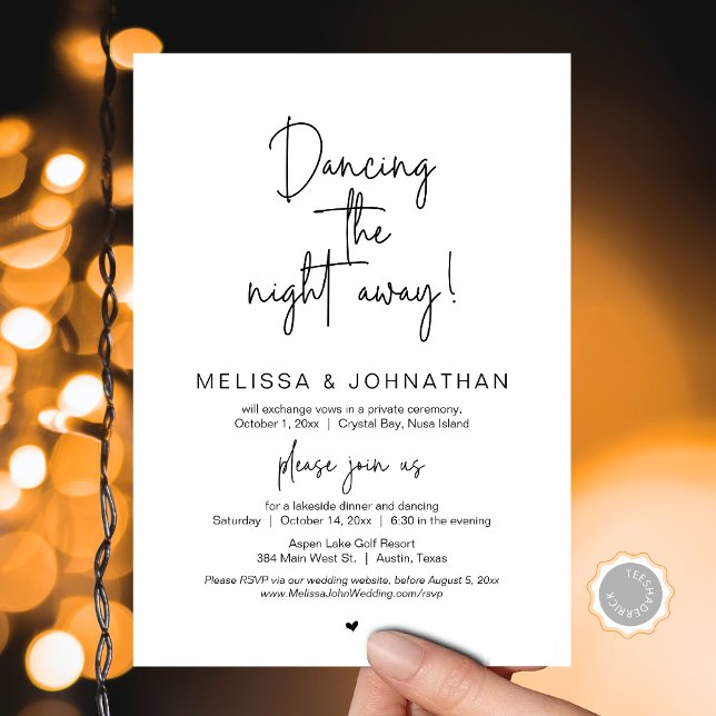 Convite Dançando a noite fora, Festa de Elopemento de Casa (Dancing the night away, Wedding Elopement Dinner Party and Dancing Invitation Card, Downloadable)