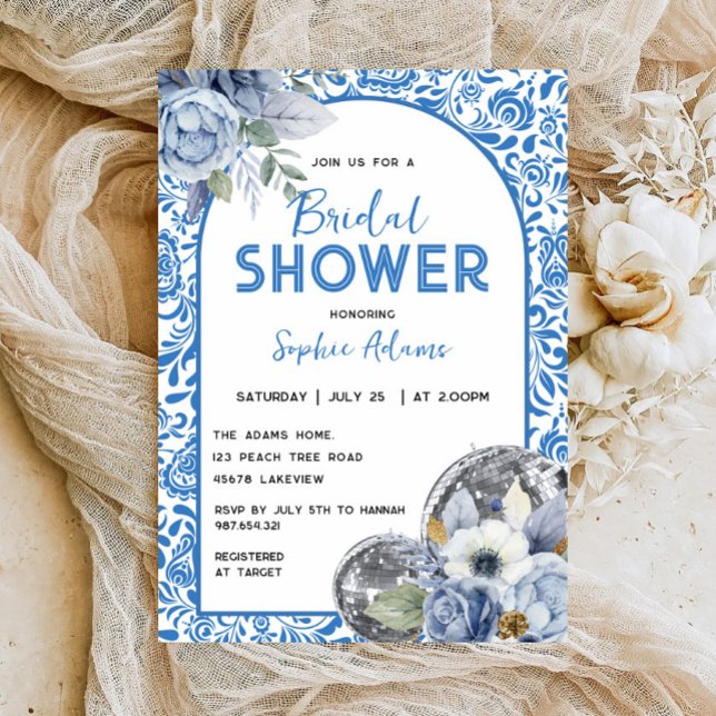 Convite Dançando Rainha Disco Ball Blue Azulejo Chá de pan (Criador carregado)