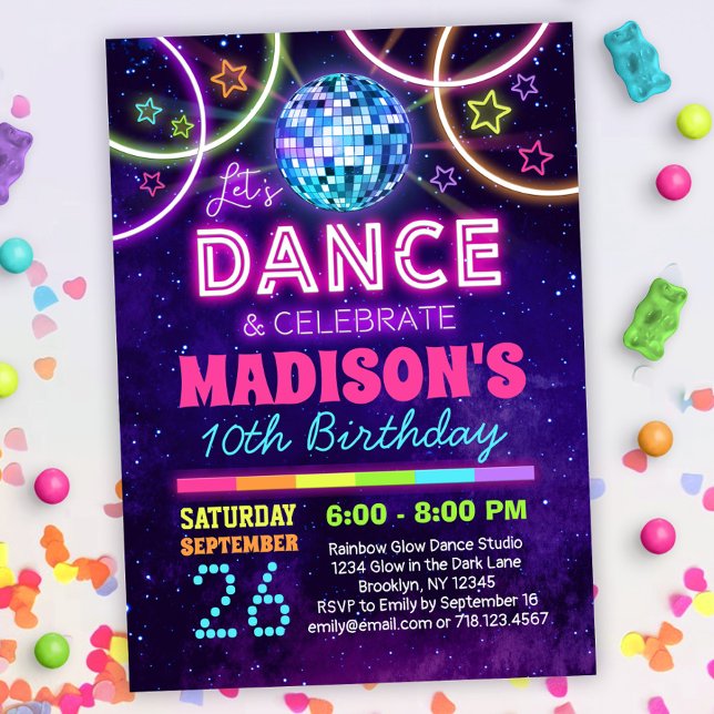 Convite Dance Birthday Girls Neon Disco Dance Party (Criador carregado)