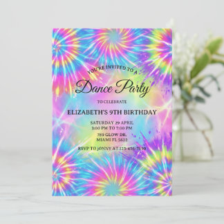 Convite Dance Birthday Party Tie Dye Glow Dance Disco
