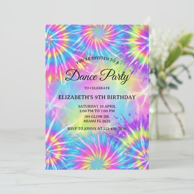 Convite Dance Birthday Party Tie Dye Glow Dance Disco (Em pé/Frente)