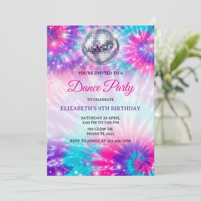 Convite Dance Birthday Party Tie Dye Glow Dance Disco (Em pé/Frente)