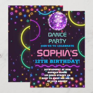Convite Dance Party Birthday Glow Rainbow Disco Ball