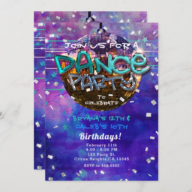 Convite Dance Party Disco Ball Purple Legal Birday (Frente/Verso)