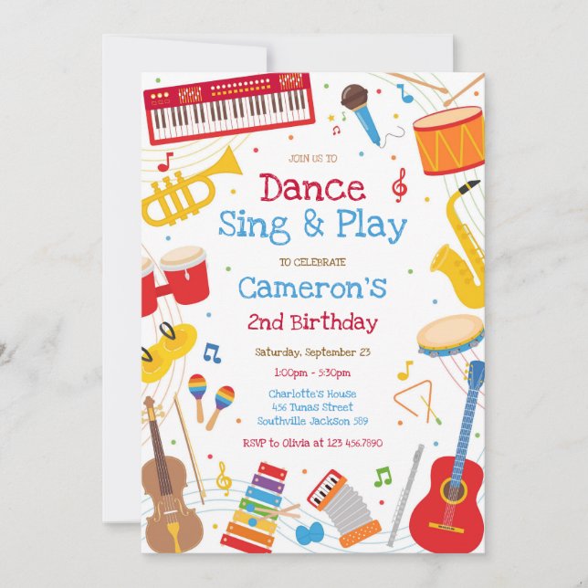 Convite Dance Sing Play Musical Instrument Birthday Party  (Frente)