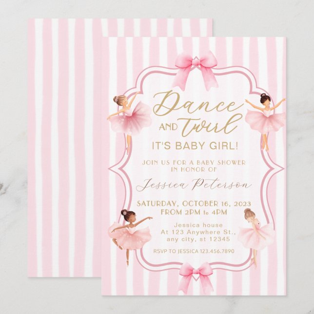 Convite Dance & Twirl Pink Ballerina Ballet Baby Shower (Frente/Verso)