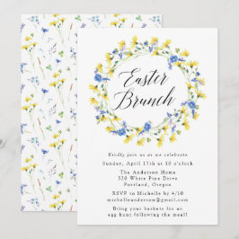 Convite Dandeliões Amarelos e Páscoa Floral Azul Brunch