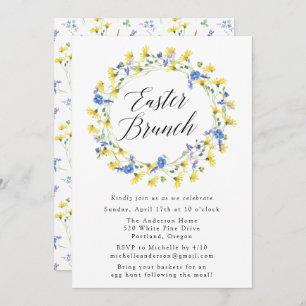 Convite Dandeliões Amarelos e Páscoa Floral Azul Brunch