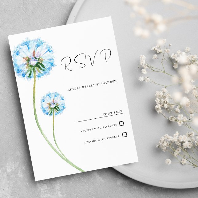Convite Dandelion floral azul-botulínico RSVP (Botanic blue lilac green dandelion floral RSVP)