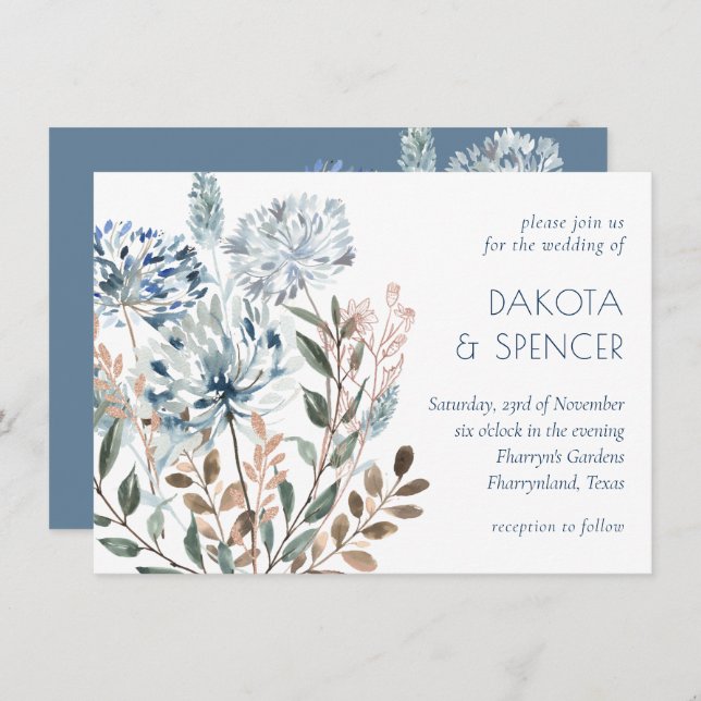 Convite Dandelion Floral | Dusty Blue Garden Muted Casamen (Frente/Verso)