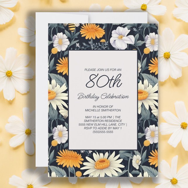 Convite Dandelions Daisions Marinho Azul Adulto 80 de Aniv (Dandelions and daisies 80th birthday party invitation for women)