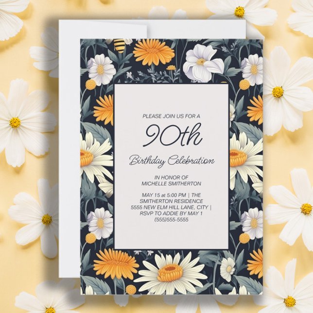 Convite Dandelions Daisions Marinho Azul Adulto 90 de Aniv (Dandelions and daisies women's 90th birthday party invitation)