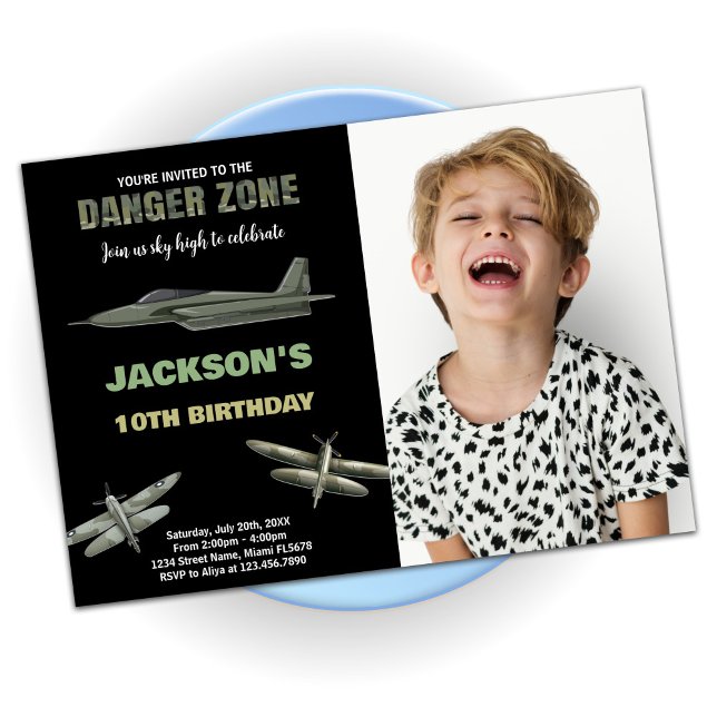 Convite Danger Fighter Jet Birthday convoca com Foto (Danger Fighter Jet Birthday Invitations With Photo)