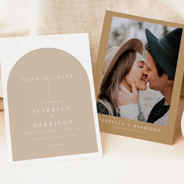 Convite DANICA Bohemian Arch Beige Foto para Salvar a Data (Criador carregado)