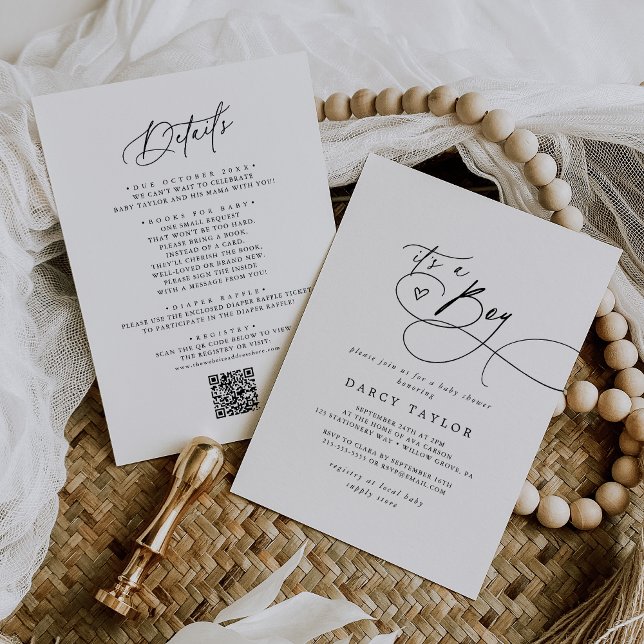 Convite DARCY Black White clássico É um Chá de fraldas (DARCY Classic Black White It's A Boy Baby Shower Invitation)