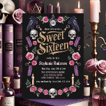 Convite Dark Academia Gótica Dourada Floral Sweet 16<br><div class="desc">Convide seus convidados para uma maravilhosamente bela comemoração dos Dezesseis com este convite inspirado na academia escura. A design gótica apresenta uma tipografia dourada impressionante contra um fundo preto profundo,  acentuado com teclas antigas e misteriosos corvos. Este convite único estabelece o clima perfeito para uma noite memorável e encantadora.</div>