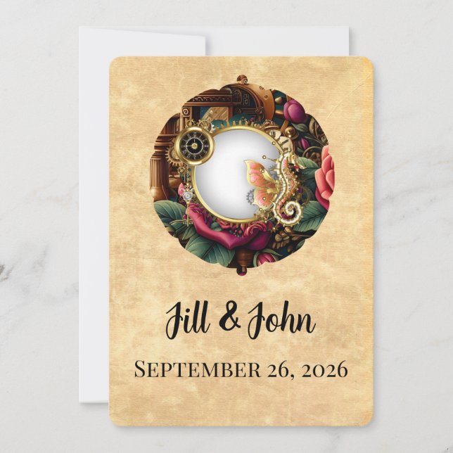 Convite Dark Academia Steampunk Clock Wedding Invitation (Frente)