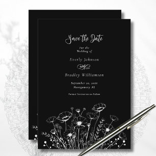 Convite Dark Black White Wildflower Salve o casamento de d
