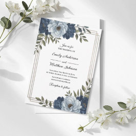 Convite Dark Blue Floral Frame Wedding Invitation