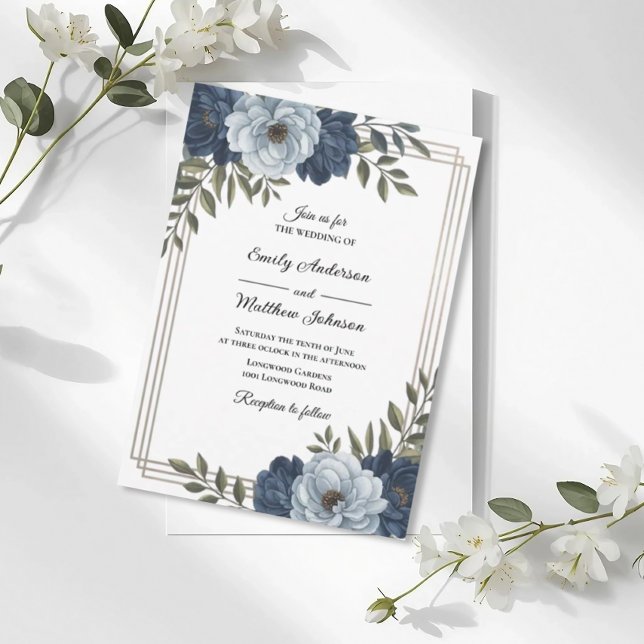 Convite Dark Blue Floral Frame Wedding Invitation (Criador carregado)