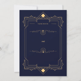 Convite Dark Blue &Gold Art Deco Style Wedding Invitation