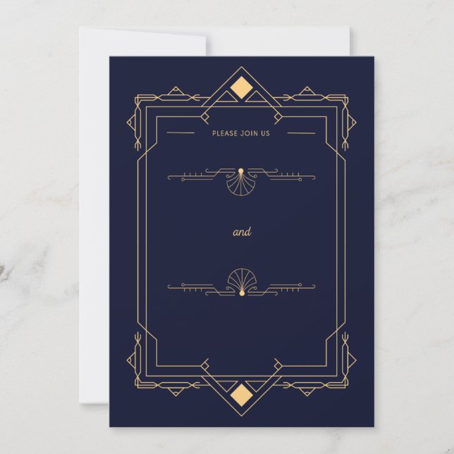 Convite Dark Blue &Gold Art Deco Style Wedding Invitation (Frente)