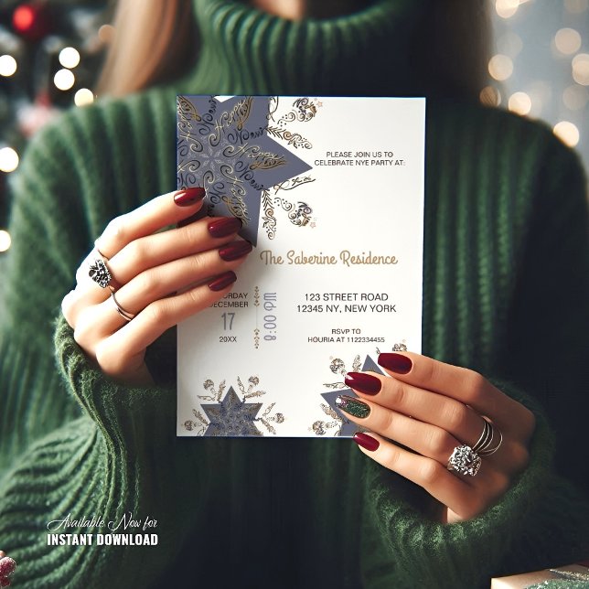 Convite Dark Blue & Gold Midnight Sparkle Stars New Year  (Criador carregado)