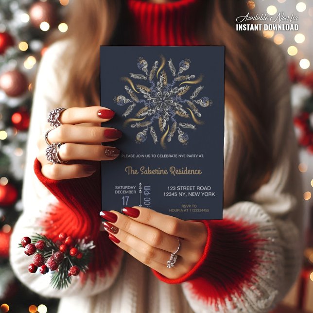 Convite Dark Blue & Gold Midnight Sparkle Stars New Year  (Criador carregado)