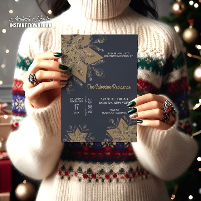 Convite Dark Blue & Gold Midnight Sparkle Stars New Year  (Criador carregado)