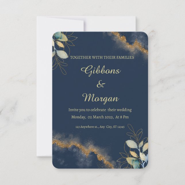 Convite Dark Blue Gold Watercolor Wash Modern Wedding  (Frente)