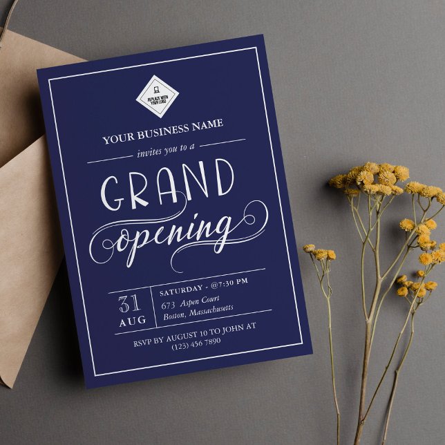 Convite Dark Blue & White Grand Opening Your Logo (Criador carregado)