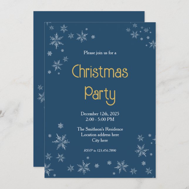 Convite Dark Blue & White Snowflakes 5"x7" Christmas Party (Frente/Verso)