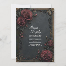 Convite Dark Charcoal Burgundy Rose Floral Wedding
