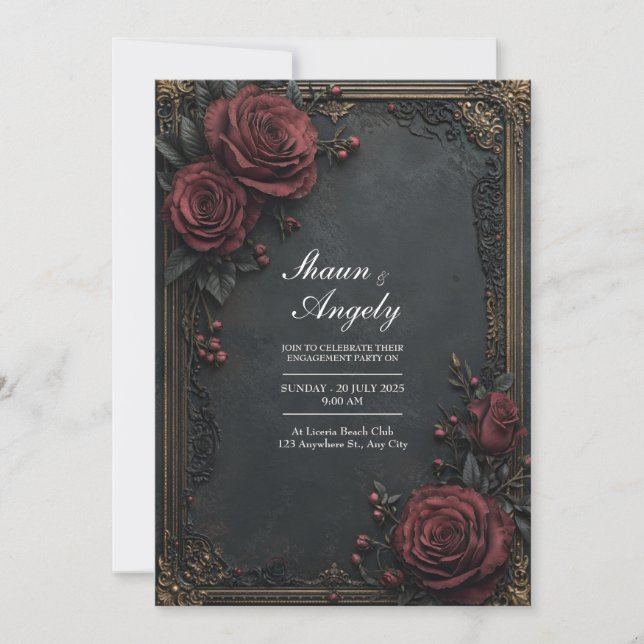 Convite Dark Charcoal Burgundy Rose Floral Wedding (Frente)