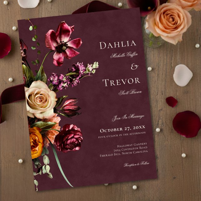 Convite Dark Elegant Autumn Floral Burgundy Wedding (Criador carregado)
