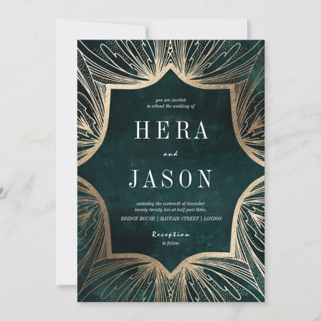 Convite Dark Emerald Green e Faux gold Art Nouveau (Frente)