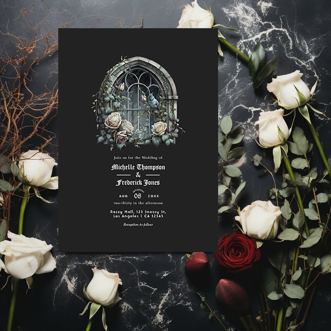 Convite Dark Fantasy Castle Window Gothic Wedding Código Q (Criador carregado)
