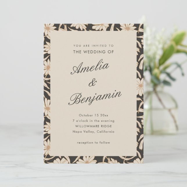 Convite Dark Floral Botanical Black Ivory Wedding (Em pé/Frente)