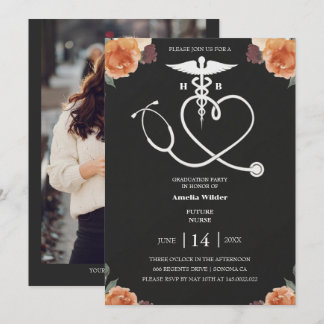 Convite Dark Floral Nursing Graduation Invitation with Hea