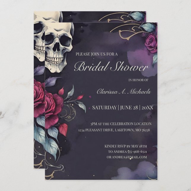 Convite Dark Floral Skull & Rose Gothic Bridal Shower (Frente/Verso)