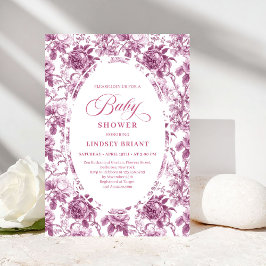 Convite Dark Fuchsia Rose Pattern Toile Baby Shower Invite