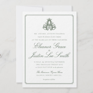 Convite Dark Green "A" Monogram Wedding Invitation