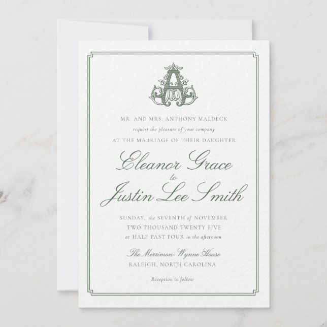 Convite Dark Green "A" Monogram Wedding Invitation (Frente)