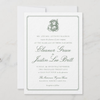 Convite Dark Green "B" Monogram Wedding Invitation