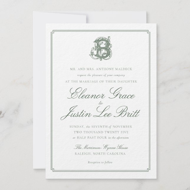 Convite Dark Green "B" Monogram Wedding Invitation (Frente)