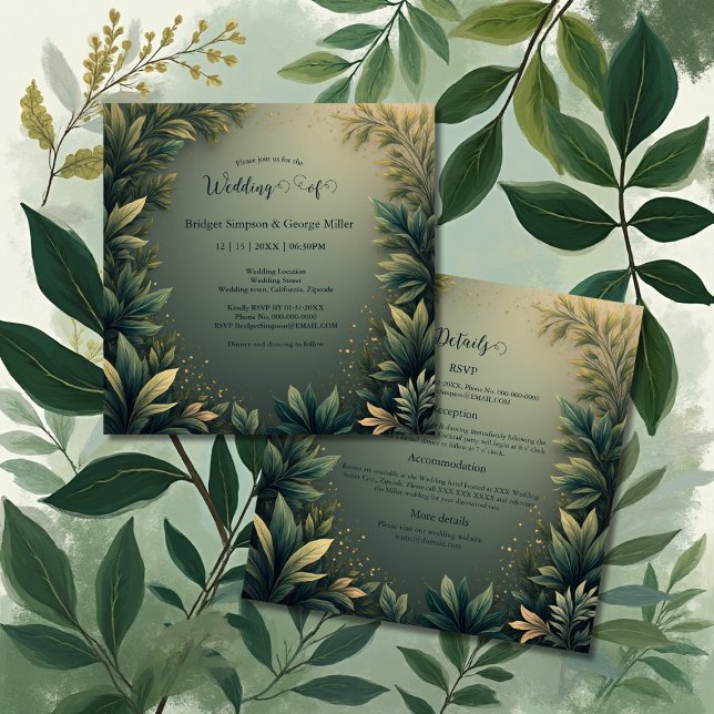 Convite dark green elegant nature wedding all in one  (Criador carregado)