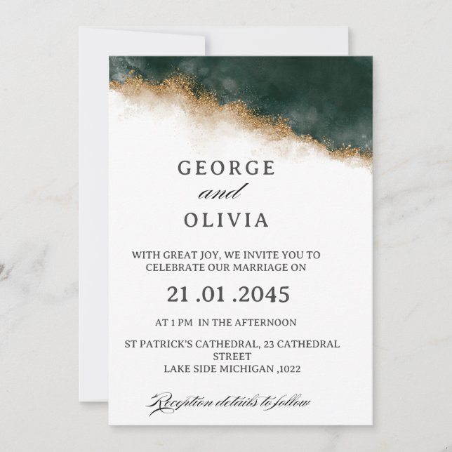 Convite Dark Green & Gold Watercolor Wedding   (Frente)